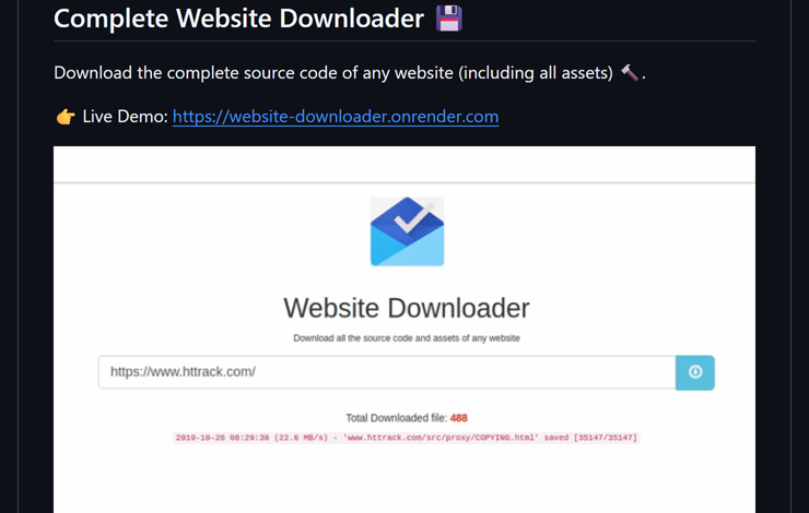The GitHub page for Website Downloader, one of the tools covered.